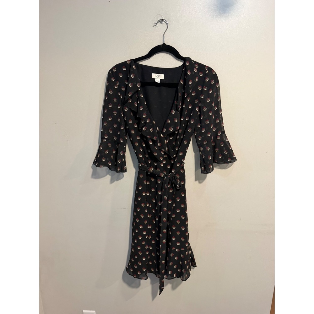 Ann Taylor Loft Black Geometric Dot Ruffle Wrap Dress Bell Sleeve Size 6